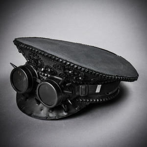 Steampunk Burning Man Spike Black Goggles Captain Hat - Black